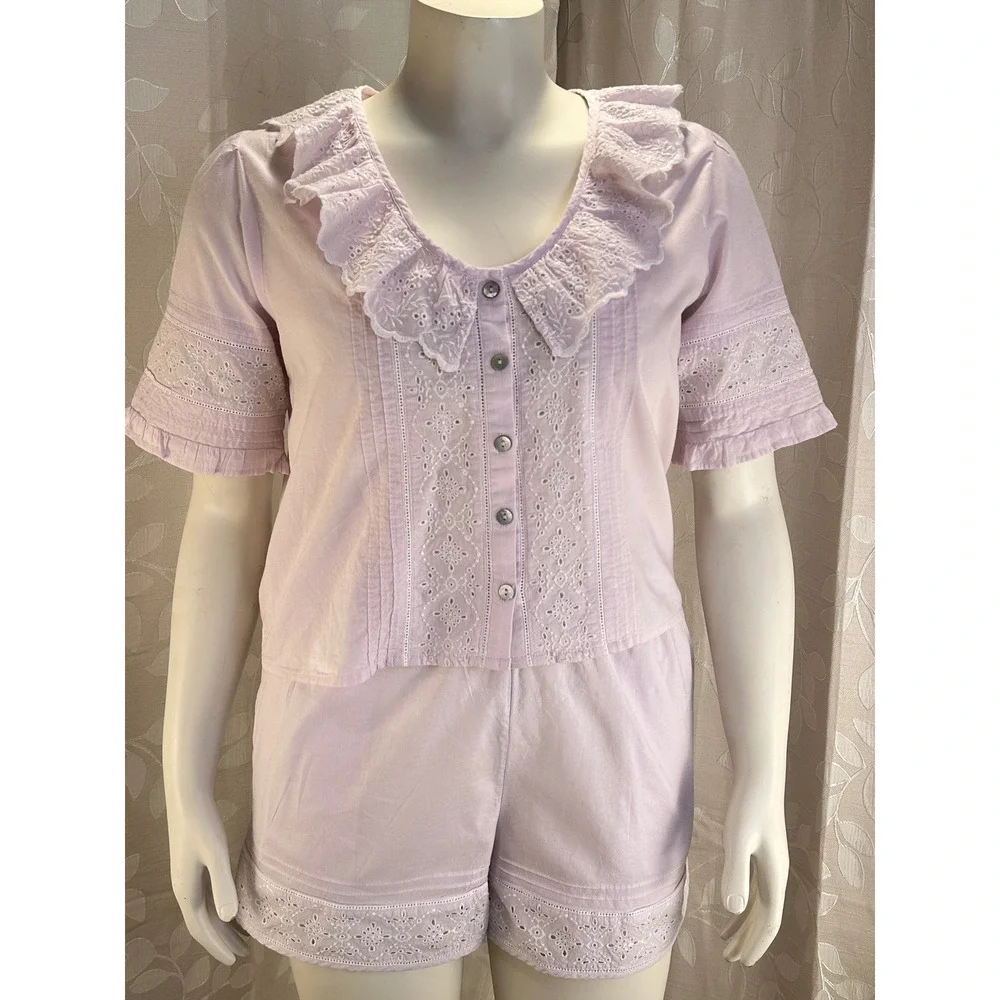 Women's‎ Medium Pink Pajama Set Ruffle Collar Top & Shorts Boho Cottagecore
